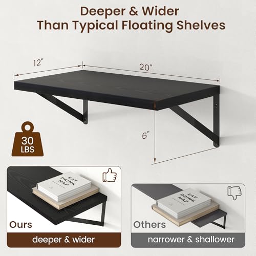 Axeman Deep Floating Shelves - 20 Inch Black Floating Shelves Set of 2-12 Inch Deep Wood Wall Shelves for Living Room Bathroom Kitchen - color: Black, size: 20W x 12D
