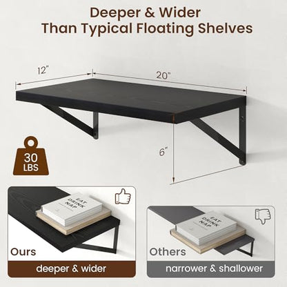 Axeman Deep Floating Shelves - 20 Inch Black Floating Shelves Set of 2-12 Inch Deep Wood Wall Shelves for Living Room Bathroom Kitchen - color: Black, size: 20W x 12D