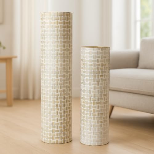 Leewadee Set of 2 Large Floor Vases Metal for Pampas Grass - color: White, Gold