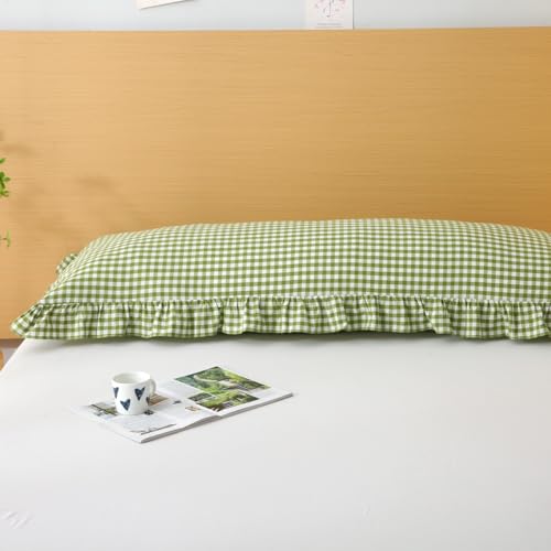 Silnuo Olive Green/White Gingham Ruffled Body Pillow Cover 20"x54" - color: Green/White, size: Body Pillow (20" x 54") - 1 Piece