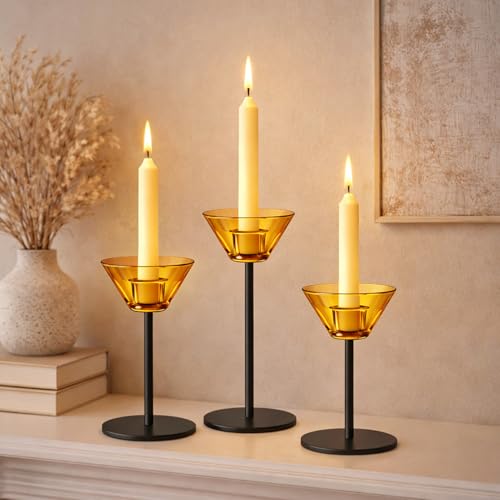 Smytle Amber‑Gold Glass Candlestick Holders with Weighted Black Metal Base, Set of 3 Amber Candle Holders for Both Taper and Tea Light Candles, Boho & Autumn Table Decor, Wedding Centerpiece