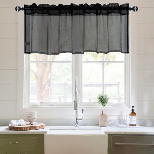 DWCN Sheer Curtain Valance - Linen Look Window Curtains for Bathroom Kitchen Cafe - Rod Pocket Semi Sheer Drapes, Black, 1 Panel, 42 x 18 Inch - color: Black, size: 42"W x 18"L (Pack of 1)