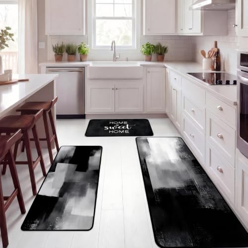 Fourluoo 3 Pcs Farmhouse Black Kitchen Rugs and Mats Set - color: Modern Black