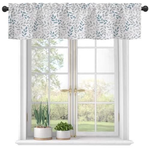 Valances Curtains for Windows, Gray Blue Branches Leaves Semi Sheer Curtain Valances,Rod Pocket Short Window Treatment Light Filtering Decor Valances for Kitchen Living Room Bedroom Windows - 42"x12" - color: Watercolor Leaves, size: 12"W x 42"L (Pack of