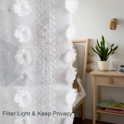 White Boho Sheer Curtains Poms 84 inches Long 2 Panels Embroidered Tuft - size: 54"W x 84"L (Pack of 2)