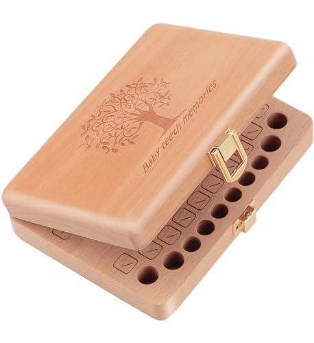 Baby Tooth Keepsake Box, Wooden Teeth Fairy Holder for Kids, Lost Teeth & First Curl Memory Box - Personalized Tooth Storage Case for Boy and Girl Toddler Tree Motif - color: Wood color tree