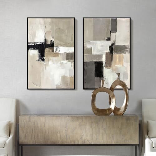 SAFERRYHOME Neutral Abstract Beige,Gray and Black Wall Art Set of 2,16"x24" - color: Neutral, size: 16" x 24" x 2 Panel Framed