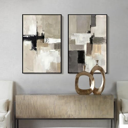 SAFERRYHOME Neutral Abstract Beige,Gray and Black Wall Art Set of 2,16"x24" - color: Neutral, size: 16" x 24" x 2 Panel Framed