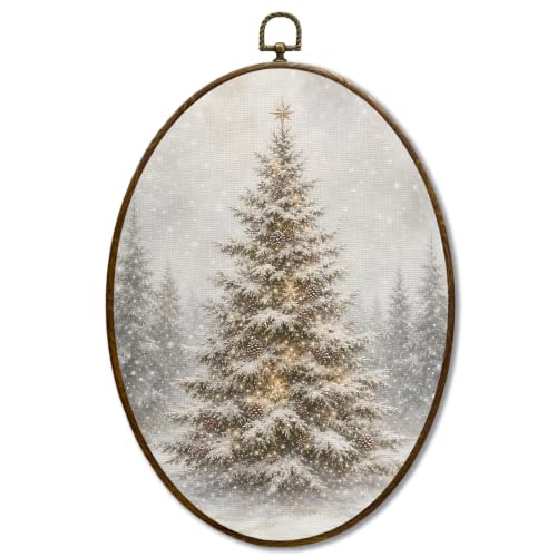 JQF Rustic Winter Snowy Christmas Tree Oval Wall Decor Framed 8.5x11.5 Inch - color: christmas tree-7