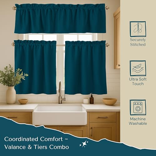 Native Fab 3 Piece Window Curtain Tiers 26"x36" and Valance 54"x18" Set - Rod Pocket - Semi Sheer - Short Curtain for Kitchen, Cafe, Living Room - Teal Green - color: Teal