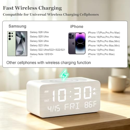 Premium White Wooden Digital Alarm Clock with Wireless Phone Charger, USB Charging Ports, Dimmable LED Display, Date & Day of Week, Temperature, Digital Desk Clock for Bedroom Nightstand Bedside Table - color: White