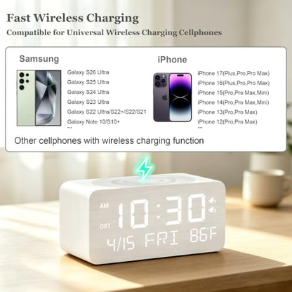 Premium White Wooden Digital Alarm Clock with Wireless Phone Charger, USB Charging Ports, Dimmable LED Display, Date & Day of Week, Temperature, Digital Desk Clock for Bedroom Nightstand Bedside Table - color: White