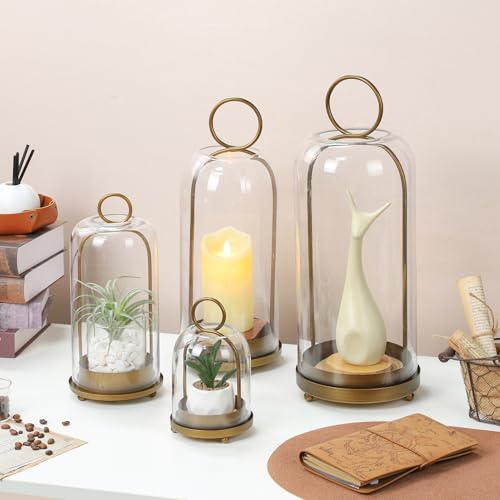 16" High Versatile Modern Metal Hurricane Lantern with Handmade Sturdy Glass Dome in Antique Brass for Pillar Candle & Plants, Industrial, Farmhouse, Shabby Chic (Brass, 6.3"x16.5") - color: Brass, size: 6.3"x16.5"