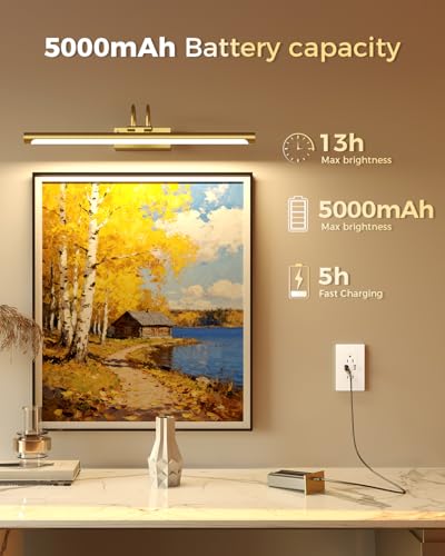 23.6″ Wireless Rechargeable Picture Light with Remote, Large Battery Operated Wall Light for Paintings & Art, Dimmable LED Gallery Lamp with Timer, Adjustable Metal Design, Electroplated Gold Finish - color: Battery Operated-Brass, size: 23.6 Inch