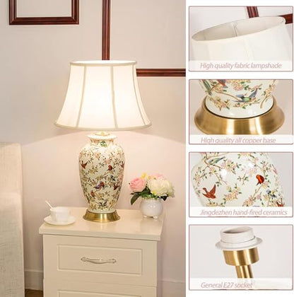 White 27" Flower and Bird Ceramics Table Lamp Chinoiserie Desk Lamp,Fabric Drum Shade,Gold Base, Tall Table Lamp Decor for Living Room Bedroom Bedside Office College Bookcase