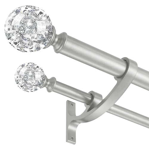 Silver Double Curtain Rod 140 to 164 Inch,Double Decorative Crystal Drapery Rods with Solid Aluminum Bracket Acrylic Sheer Bling Foil Finials,1" Front and 5/8" Back Heavy Duty Curtain Rods for Windows - color: Silver, size: 140-164"