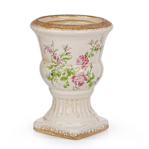 Sungmor Small Ceramic Urn Planter - Pink Floral Pedestal Flower Pot - color: Pink