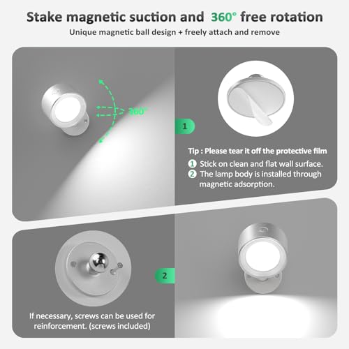 Racokky LED Wall Sconces 2 Pcs with Remote, Wall Lights 3000mAh Rechargeable Battery Operated, 3 Color Temperatures & Dimmable Wall Lamp Magnetic 360° Rotation Light for Bedroom Living Room(Silver) - color: Silver