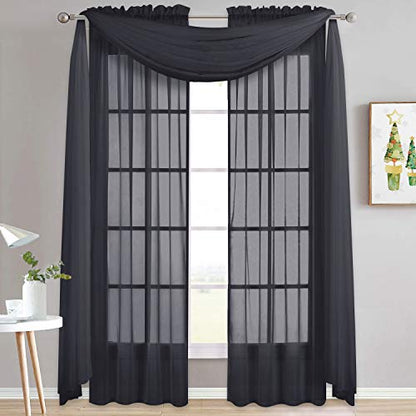 NICETOWN Black Sheer Villa Scarf Curtain Panels, Simple Voile Sheer Scarf Valance for Your Son & Farther Bedroom, 2 Pieces, 60" Length by 216" Width - color: Black