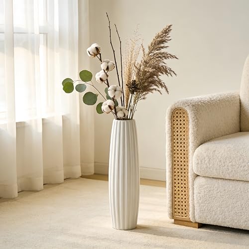 White Tall Ceramic Floor Vase, 24 Inch, Ribbed Drum Design - color: Vertical Stripes, size: Height-24 Inch