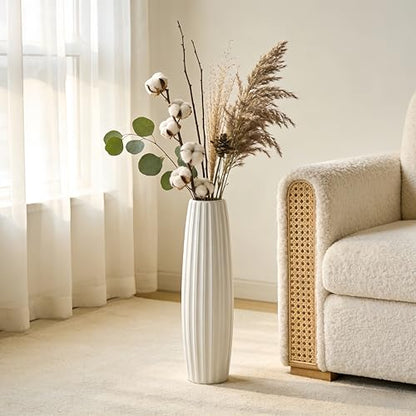 White Tall Ceramic Floor Vase, 24 Inch, Ribbed Drum Design - color: Vertical Stripes, size: Height-24 Inch