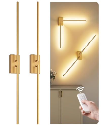 38.6" Wireless Battery Operated Wall Sconces Set of Two,Rechargeable Lamp with Remote, DIY Rotation, 10000mAh Battery, Touch Dimmable Lights for Living Room Hallway Bedroom, Gold D08YBP205 - color: Gold, size: 38.6 Inches