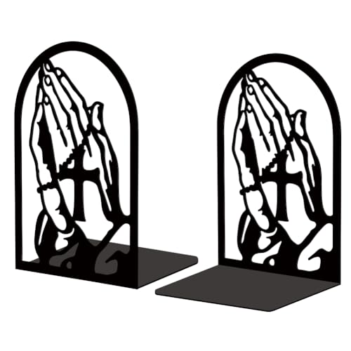 Peacoblue 4.7"x3.5"x7.87" Metal Bookends, Heavy Duty Book Ends for Shelves - style: Folded Hands and Cross