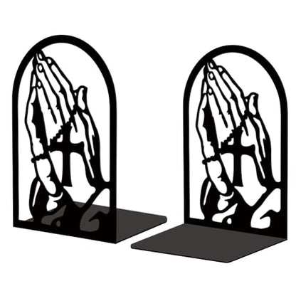 Peacoblue 4.7"x3.5"x7.87" Metal Bookends, Heavy Duty Book Ends for Shelves - style: Folded Hands and Cross