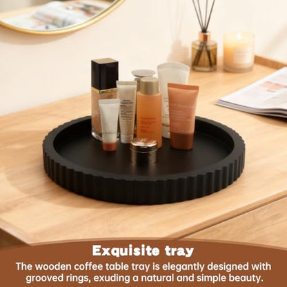 Black Round Wood Tray, 11 in Fluted Vanity Tray - color: Black
