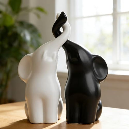 QINJIEJIE Elephant Figurines Loving Gifts for Couples Ceramic Elephant - color: Black & White