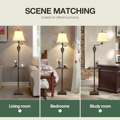Traditional Floor Lamp with Tray, Remote Dimmable, 350° Swing Arm and Brown - color: Brown-1