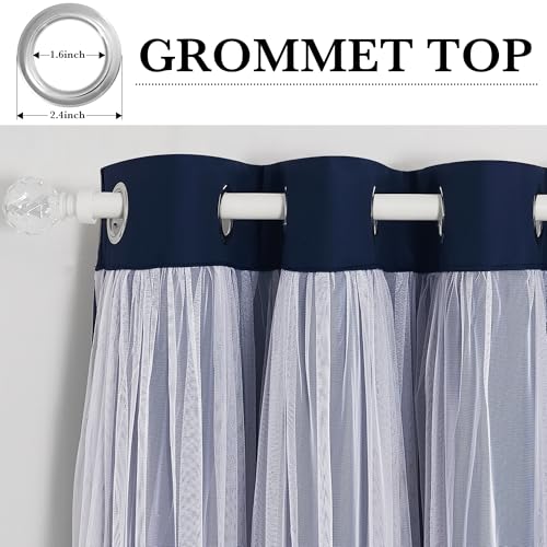 PONY DANCE Navy Blue Curtains Blackout - Room Darkening Curtains with Sheer Elegance Drapery Layered Drapes Mix and Match for Living Room/Kids Bedroom (Set of 2, 52x84 inch, Free Tie-Backs) - color: Navy Blue, size: 52"W x 84"L (Pack of 2)