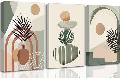 3 Pcs Mid Century Modern Boho Abstract Canvas Wall Art Neutral Green Bohemia Sun and Plant Pictures Wall Decor Posters Print Artwork for Living Room Bedroom Bathroom Office Home Decoration - color: Lotus Leaf, size: 16x24in-Canvas