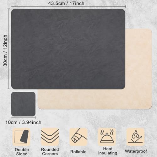 Vinyl Placemats Set of 4, Dual Sided Place Mats with Drink Coasters - color: Beige/Dark Gray Two-tone, size: Set of 4