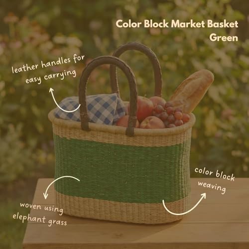 African Market Basket with Leather Handles, Woven Bolga Market Basket, 12"Wide (Green) - color: Green