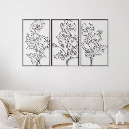 Therwen 3 Pcs Black Metal Wall Art Minimalist Wall Decor for Bedroom Flowers Decor Hanging Flower Bathroom Art Flower Line Sculpture Kitchen Decoration 16.5 x 9.8 Inch - style: Chic Style
