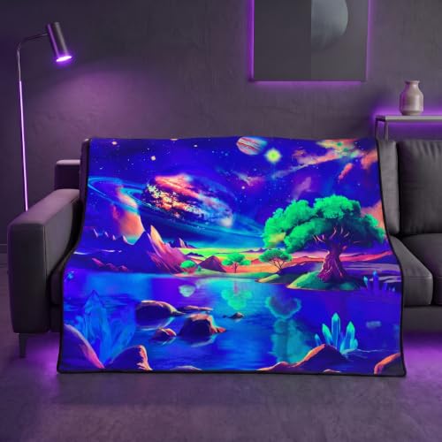 Blacklight Galaxy Space Throw Blankets Glow in the Dark Black Light Fantasy Lake Planet Throw UV Reactive Cosmic Blanket Throw for Bedroom Dorm Decor 59”x51” - color: Galaxy Green Tree