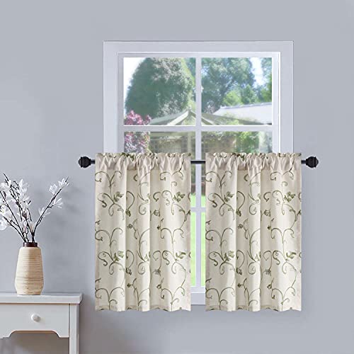 VOGOL Green Vine Embroidered Kitchen Tier Curtains, W30 x L36, 2 Panels - color: Green, size: 30"W x 36"L (Pack of 2)