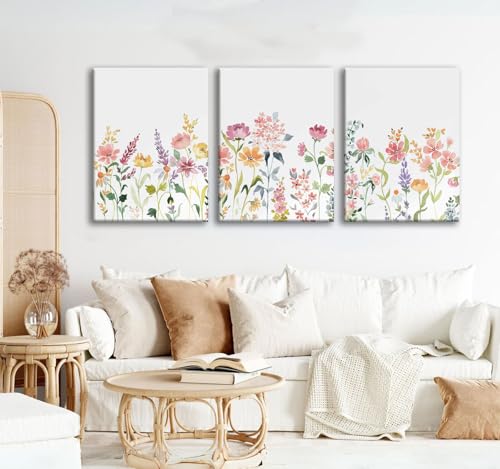 Watercolor Wildflower Canvas Wall Art, 3 Piece Gallery Wrapped Set, 12x16 - color: Plant flowers-1, size: 12x16 inch