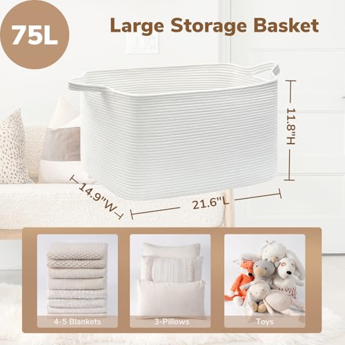 Goodpick Large Woven Rope Blanket Basket, Rectangle, White, 75L - color: White, size: Large(21.6"L x 14.9"W x 11.8"H)