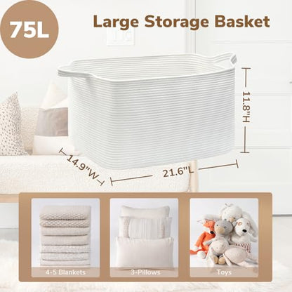 Goodpick Large Woven Rope Blanket Basket, Rectangle, White, 75L - color: White, size: Large(21.6"L x 14.9"W x 11.8"H)
