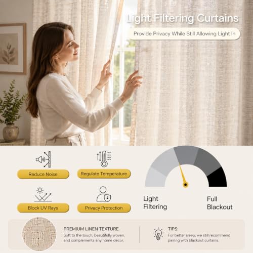 Linen Textured Sheer Curtains for Living Room Rod Pocket Top - color: White, size: 52"W x 102"L (Pack of 2)