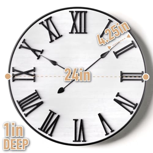Large Wall Clock 24" Round, Silent Metal & Wood with Big 3D Roman Numerals - color: White