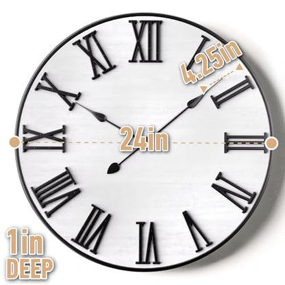 Large Wall Clock 24" Round, Silent Metal & Wood with Big 3D Roman Numerals - color: White