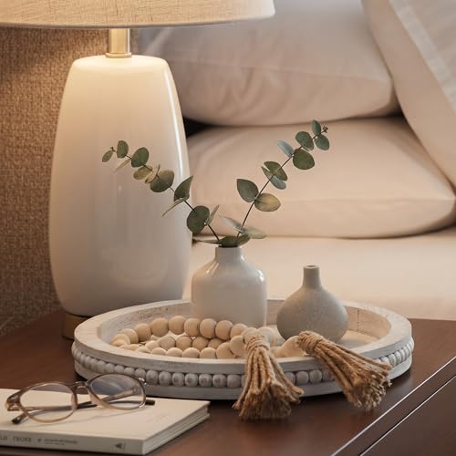 Mumufy 12" Round Decorative Tray with 58" Bead Garland, White Washed - color: White Washed, size: 12" Round