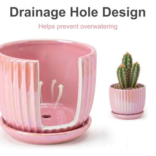 Pink Plant Pots，Ceramic Planters with Drainage Holes and Saucers Set of 3 - color: Pink