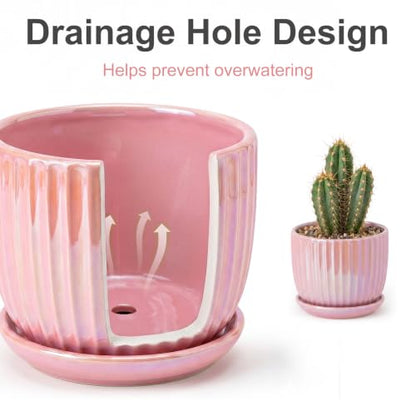 Pink Plant Pots，Ceramic Planters with Drainage Holes and Saucers Set of 3 - color: Pink