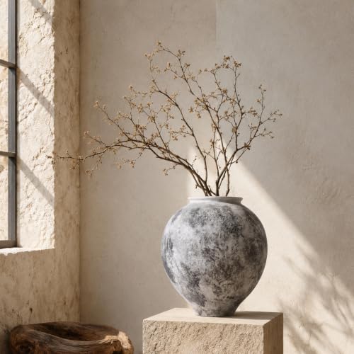 Gray Ceramic Vase 11.8-Inch Round Stone Textured Vase for Home Decor - color: Black and Gray, size: 11.8in