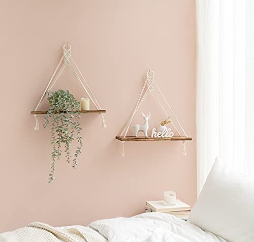 Mkono Macrame Hanging Shelves Boho Wall Decor Set of 2 Floating Wood Shelf - color: White
