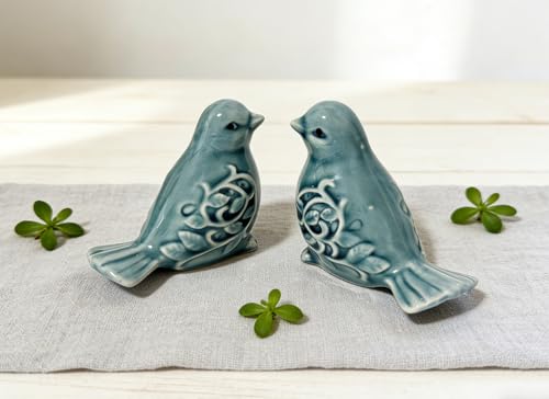 Pair of Ceramic Bird Figurines, Small Bird Statues Tea Coffee Pet Home Office Decor for Windows Shelves Entryway TV Stand (Blue) - color: Blue